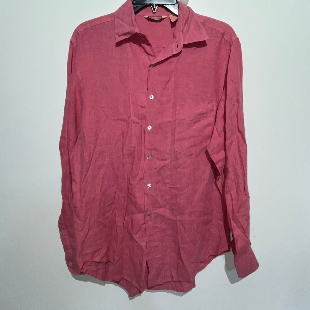 Jacalyn & Sabina Women's Pink Linen Collared Long‎ Sleeve Button Up Shirt Small